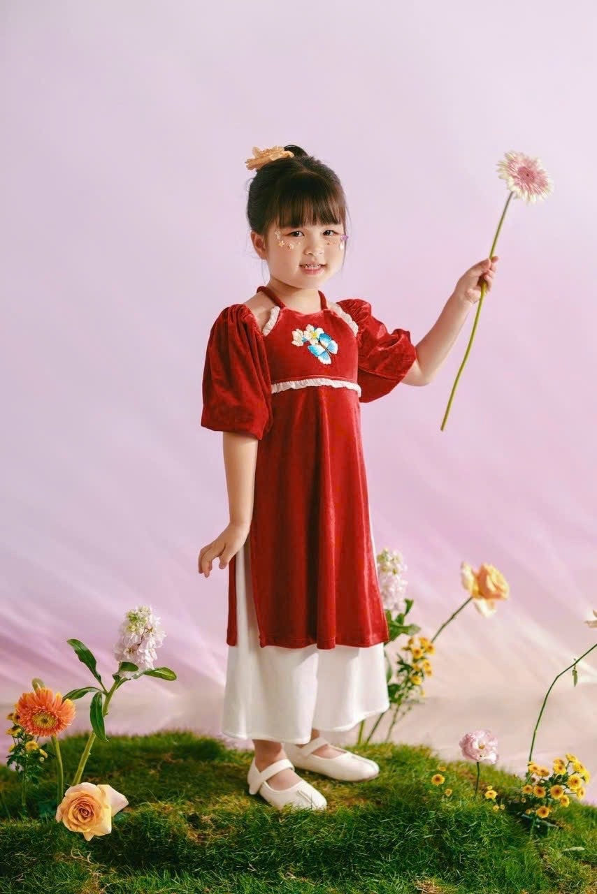 Girl Halter Velvet Ao Dai Set (Red, Pink) | Pre-made Traditional Vietnamese Ao Dai| Lunar New Year | Ao Dai for Girl | Ao Dai Tet |