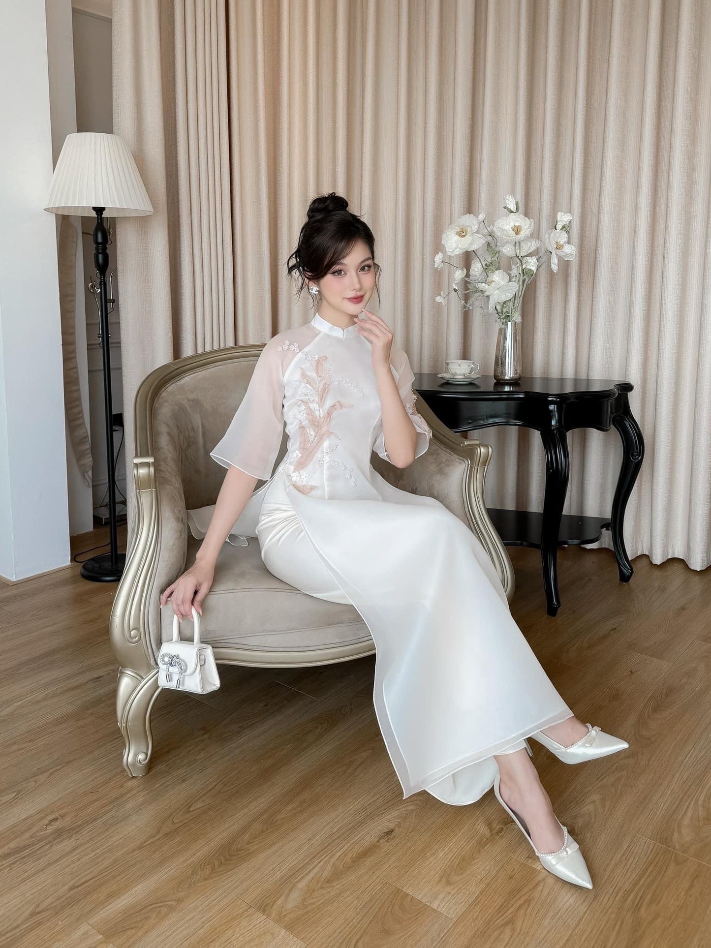 Cream Linh Lan Ao Dai Set | Pre-made Modernized Vietnamese Ao Dai | Women Ao Dai with Pants | Lunar New Year| Ao Dai Cach Tan|