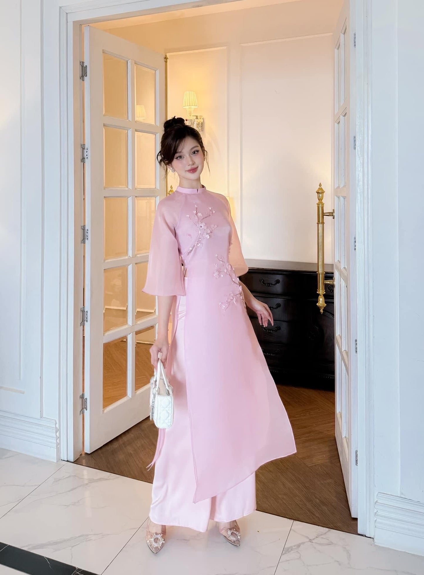 Pink Linh Lan Ao Dai Set | Pre-made Modernized Vietnamese Ao Dai | Women Ao Dai with Pants | Lunar New Year| Ao Dai Cach Tan|