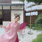 Shifted Pink Chiffon Embroidery Ao Dai Set| Pre-made Modernized Vietnamese Ao Dai | Pastel Ao Dai | Lunar New Year|