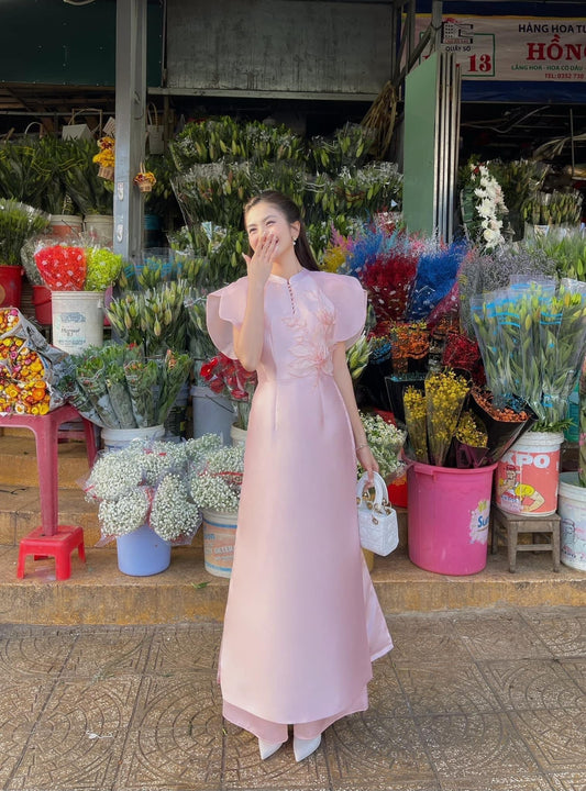 Pink Blooming Cereus Ao Dai Set | Pre-made Modernized Vietnamese Ao Dai| Women Ao Dai with Pants| Lunar New Year| Ao Dai Cach Tan|B2