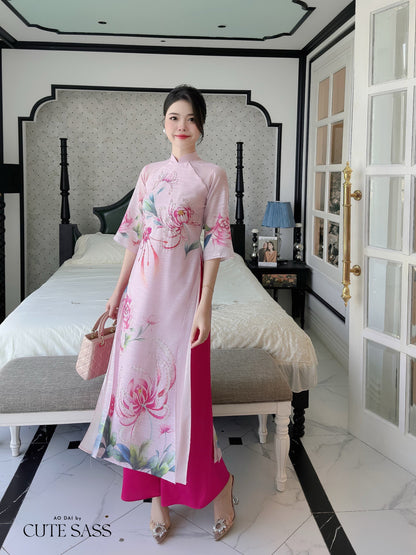 Hoa Vien - Light Pink Ao Dai Set | Pre-made Traditional Vietnamese Ao Dai| Women Ao Dai with Pants | Lunar New Year| Ao Dai Truyen Thong|