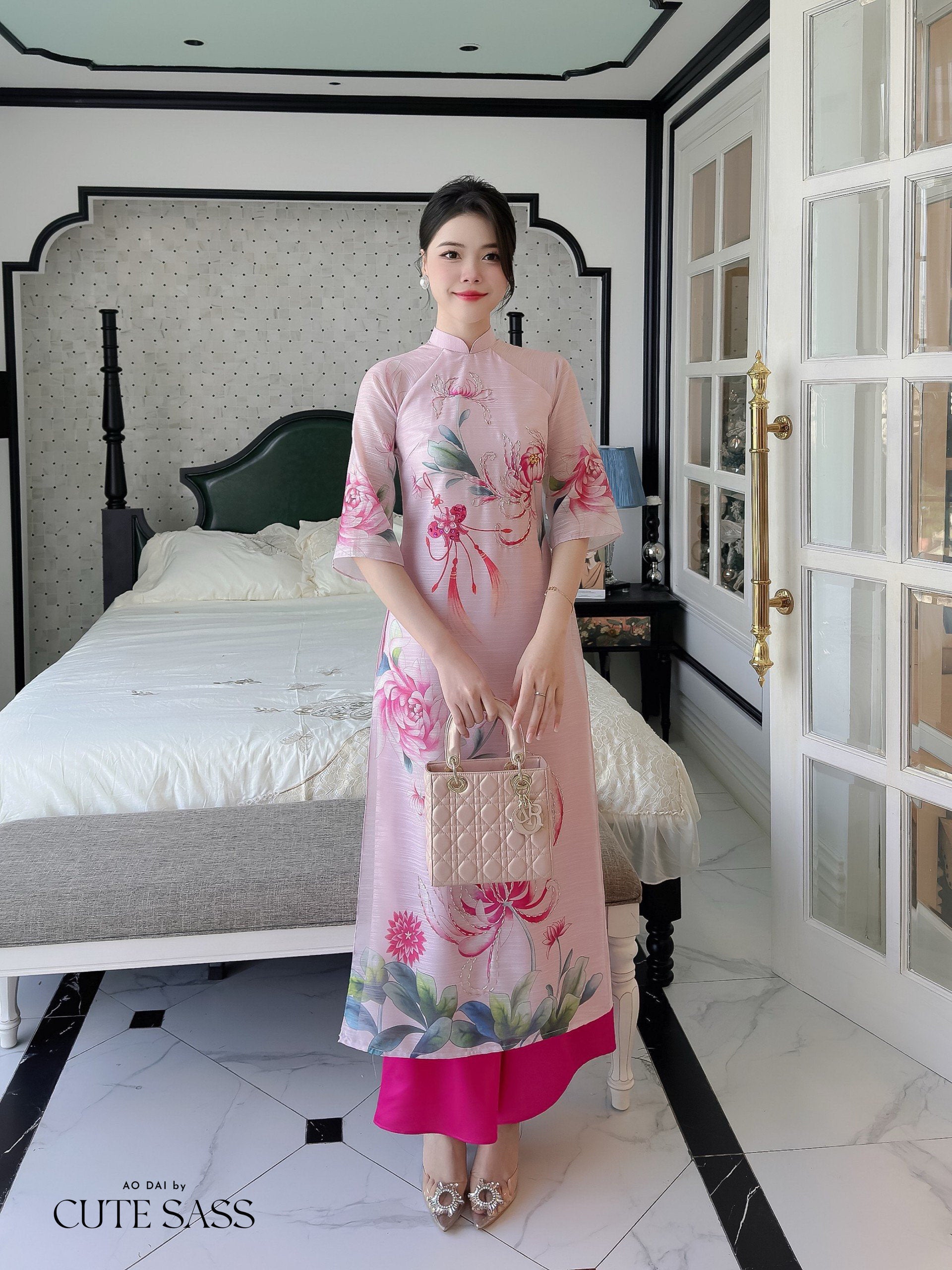Hoa Vien - Light Pink Ao Dai Set | Pre-made Traditional Vietnamese Ao Dai| Women Ao Dai with Pants | Lunar New Year| Ao Dai Truyen Thong|
