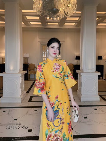 Hoa Vien - Yellow Ao Dai Set | Pre-made Traditional Vietnamese Ao Dai| Women Ao Dai with Pants | Lunar New Year| Ao Dai Truyen Thong|