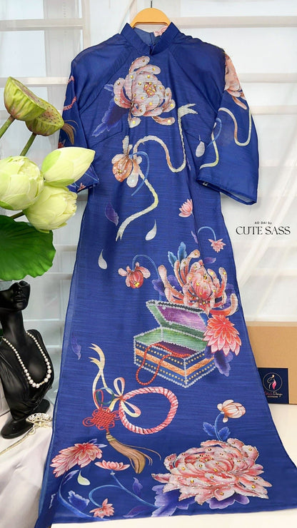 Hoa Vien - Blue Ao Dai Set | Pre-made Traditional Vietnamese Ao Dai| Women Ao Dai with Pants | Lunar New Year| Ao Dai Truyen Thong|