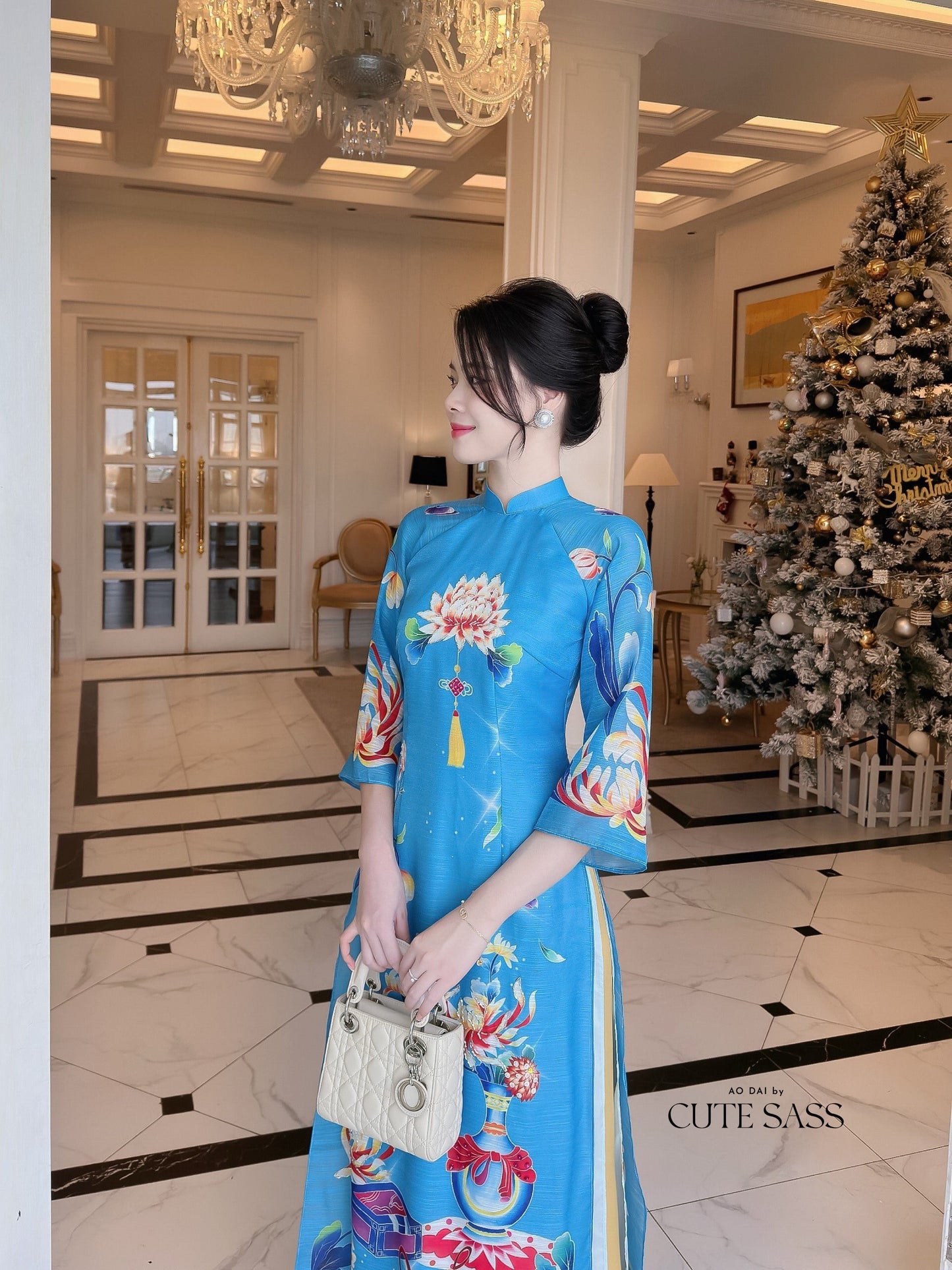 Hoa Vien - Turquoise Ao Dai Set | Pre-made Traditional Vietnamese Ao Dai| Women Ao Dai with Pants | Lunar New Year| Ao Dai Truyen Thong|