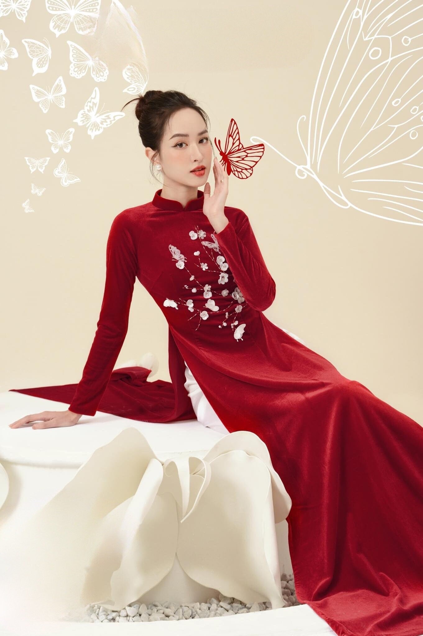Nhung Anh - Red Velvet Butterflies Ao Dai Set| Pre-made Traditional Vietnamese Ao Dai| Lunar New Year|Ao Dai for Girl, Mom |Ao Dai Tet|