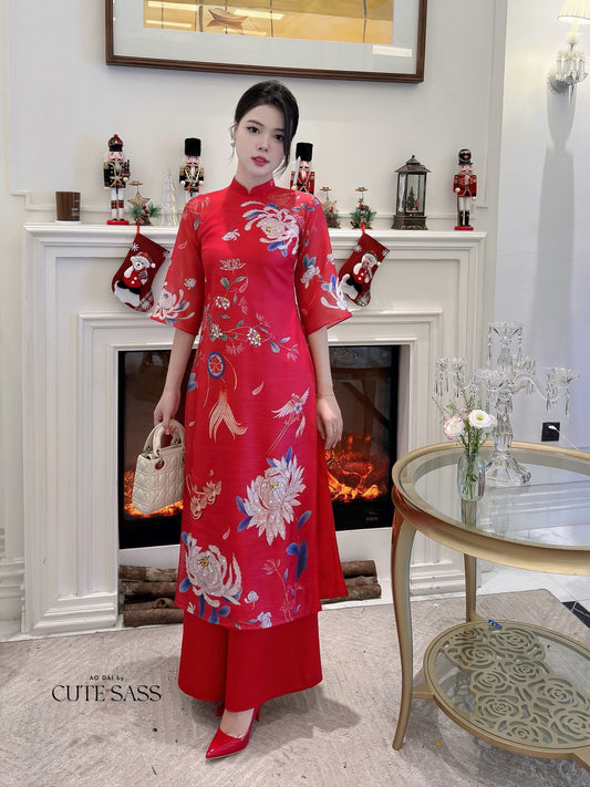 Hoa Vien - Red Ao Dai Set | Pre-made Traditional Vietnamese Ao Dai| Women Ao Dai with Pants | Lunar New Year| Ao Dai Truyen Thong|