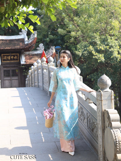 Tu Minh - Blue Ao Dai Set | Pre-made Traditional Vietnamese Ao Dai| Women Ao Dai with Pants | Lunar New Year| Ao Dai Truyen Thong|