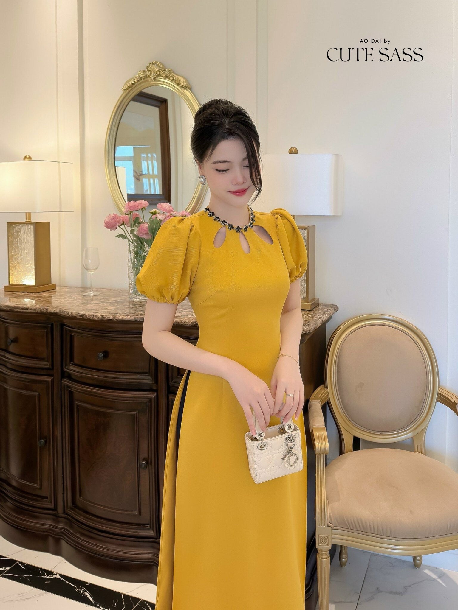 Anh Minh - Yellow Cut Out Sparkle Ao Dai Set| Pre-made Modernized Vietnamese Ao Dai|Ao Dai with Skirt | Lunar New Year|Ao Dai Cach Tan|
