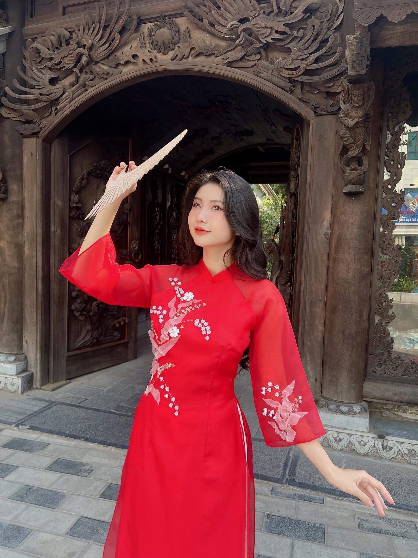 Red Linh Lan Ao Dai Set | Pre-made Modernized Vietnamese Ao Dai | Women Ao Dai with Pants | Lunar New Year| Ao Dai Cach Tan|
