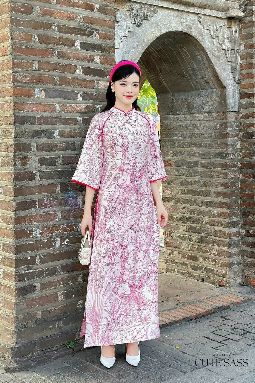 Pink Leaves Motif Ao Dai Set | Pre-made Modernized Vietnamese Ao Dai| Women Ao Dai with Pants | Lunar New Year| Ao Dai Truyen Thong|