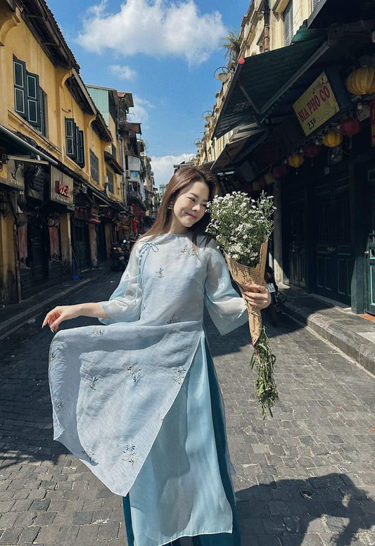 Shifted Blue Chiffon Embroidery Ao Dai Set| Pre-made Modernized Vietnamese Ao Dai | Pastel Ao Dai | Lunar New Year|