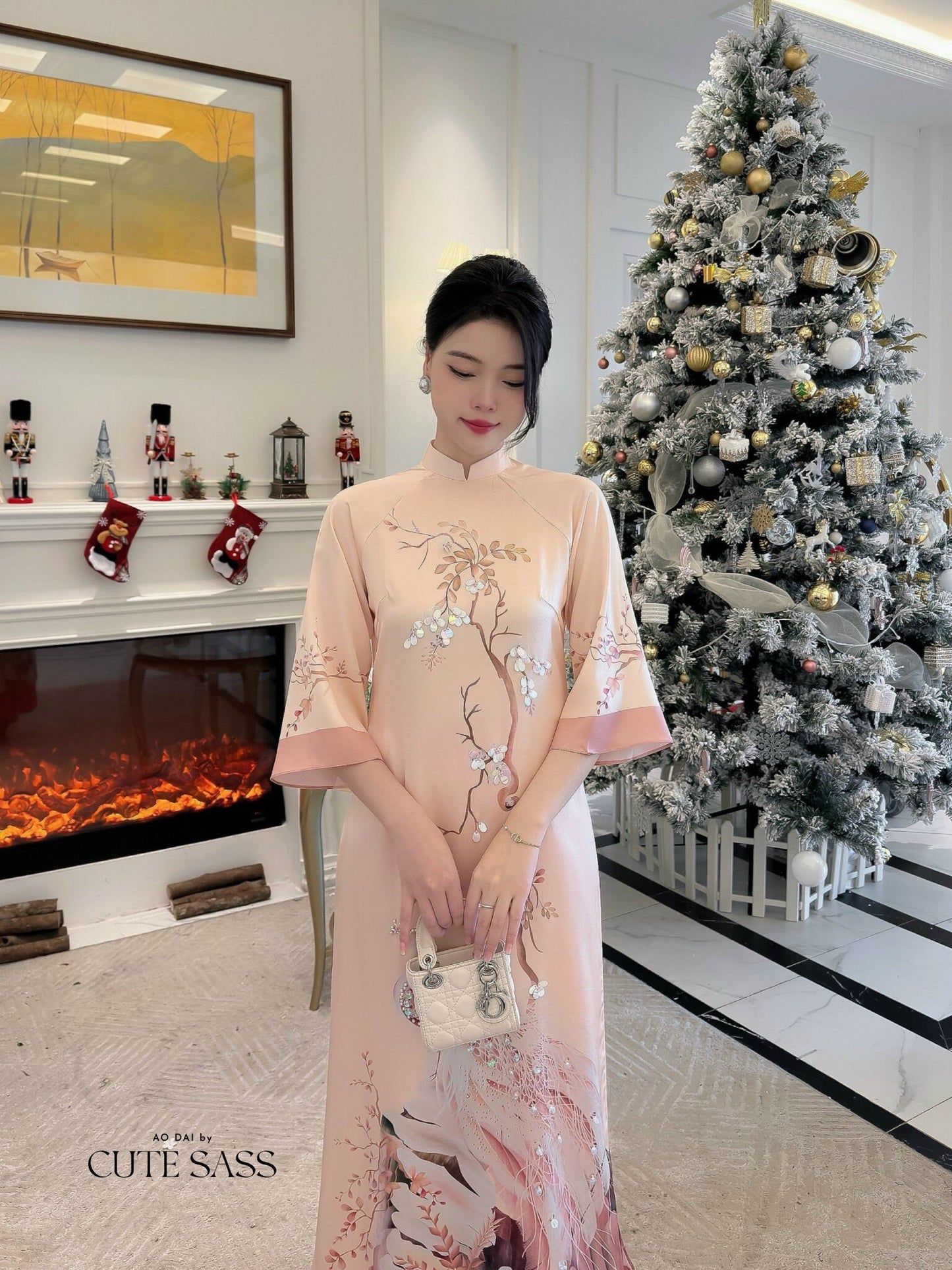 Phi Yen - Beige Ao Dai Set | Pre-made Traditional Vietnamese Ao Dai| Women Ao Dai with Pants | Lunar New Year| Ao Dai Truyen Thong|