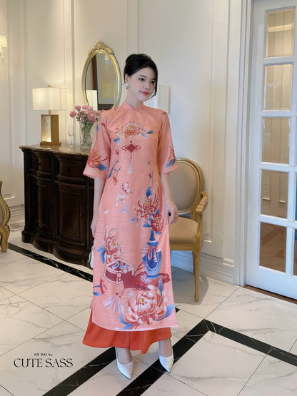 Hoa Vien - Coral Ao Dai Set | Pre-made Traditional Vietnamese Ao Dai| Women Ao Dai with Pants | Lunar New Year| Ao Dai Truyen Thong|