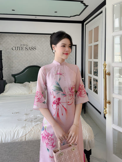 Hoa Vien - Light Pink Ao Dai Set | Pre-made Traditional Vietnamese Ao Dai| Women Ao Dai with Pants | Lunar New Year| Ao Dai Truyen Thong|