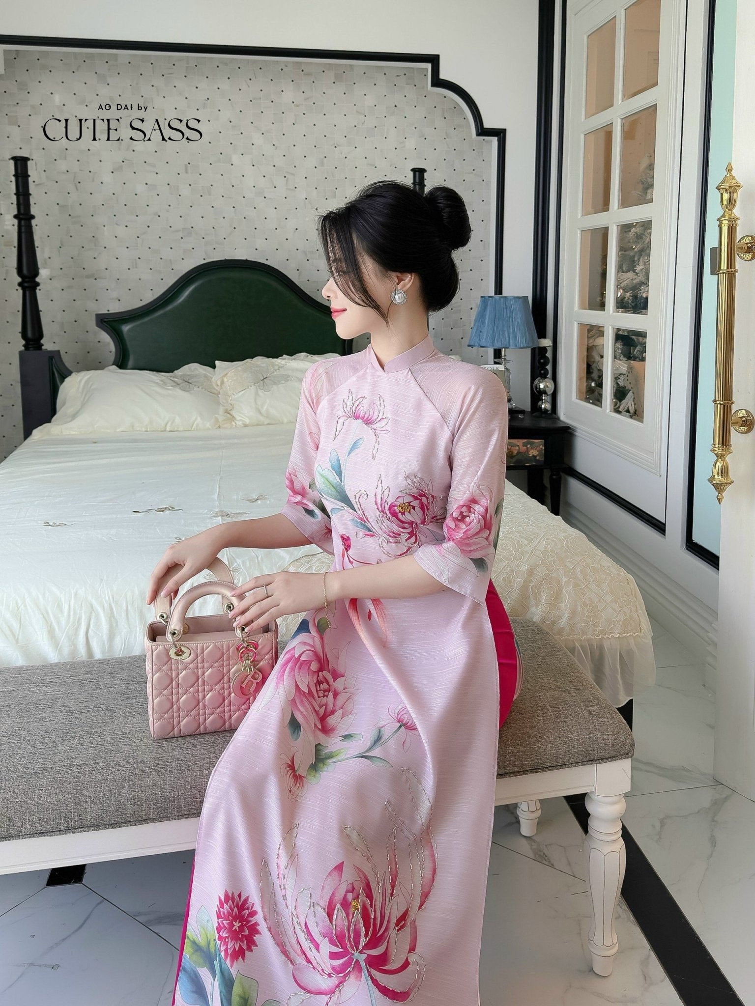 Hoa Vien - Light Pink Ao Dai Set | Pre-made Traditional Vietnamese Ao Dai| Women Ao Dai with Pants | Lunar New Year| Ao Dai Truyen Thong|