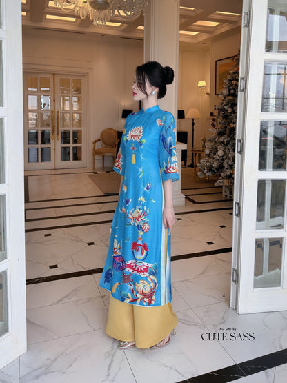 Hoa Vien - Turquoise Ao Dai Set | Pre-made Traditional Vietnamese Ao Dai| Women Ao Dai with Pants | Lunar New Year| Ao Dai Truyen Thong|