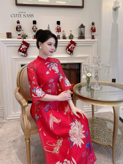 Hoa Vien - Red Ao Dai Set | Pre-made Traditional Vietnamese Ao Dai| Women Ao Dai with Pants | Lunar New Year| Ao Dai Truyen Thong|