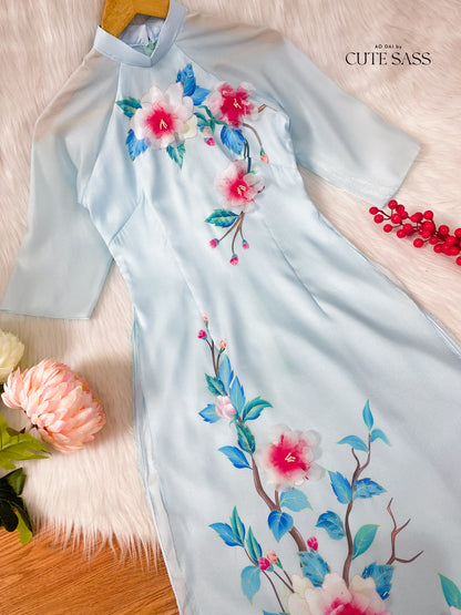 Diep Xuan - Blue Ao Dai Set | Pre-made Traditional Vietnamese Ao Dai| Women Ao Dai with Pants | Lunar New Year| Ao Dai Truyen Thong|