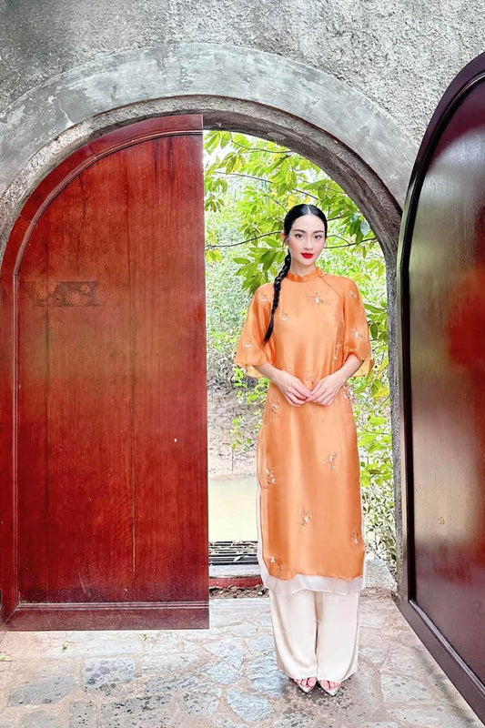 Shifted Orange Chiffon Embroidery Ao Dai Top Only, NO PANTS | Pre-made Modernized Vietnamese Ao Dai | Pastel Ao Dai | Lunar New Year|