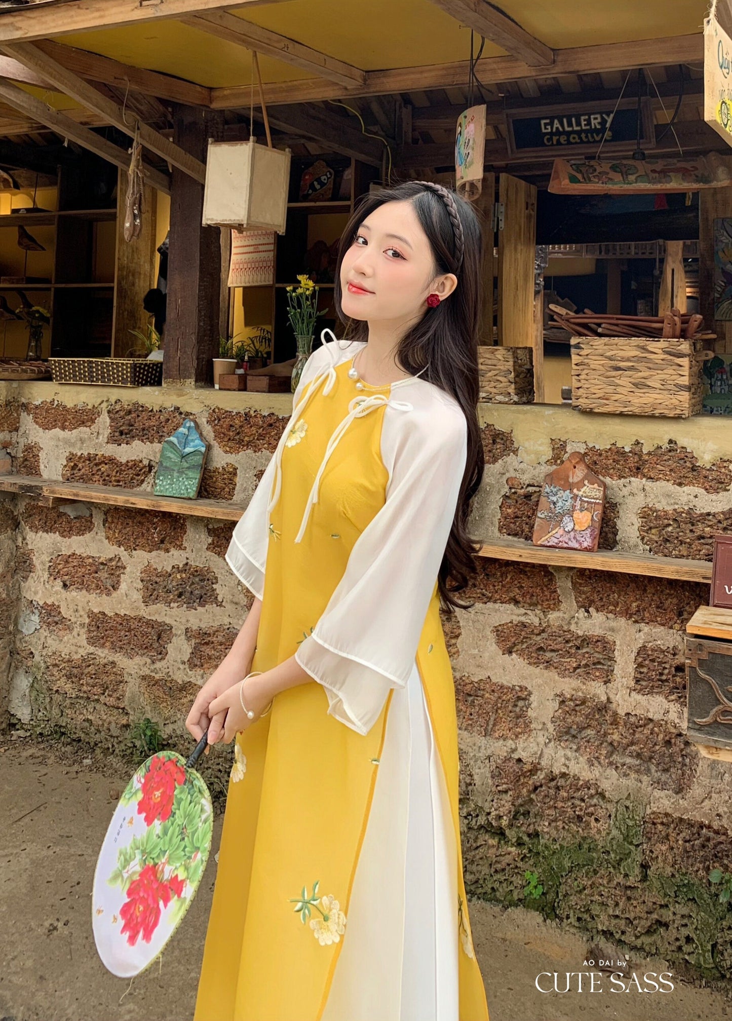 Shifted Yellow Bow Ao Dai Set |Pre-made Modernized Vietnamese Ao Dai| Women Ao Dai with Pants | Lunar New Year| Ao Dai Cach Tan|