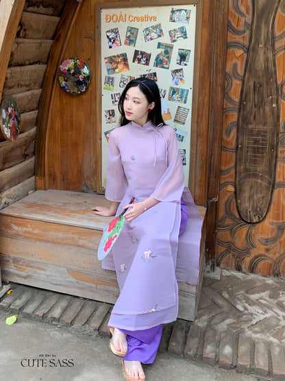Shifted Purple Bow Ao Dai Set |Pre-made Modernized Vietnamese Ao Dai| Women Ao Dai with Pants | Lunar New Year| Ao Dai Cach Tan|