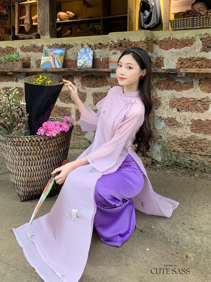 Shifted Purple Bow Ao Dai Set |Pre-made Modernized Vietnamese Ao Dai| Women Ao Dai with Pants | Lunar New Year| Ao Dai Cach Tan|