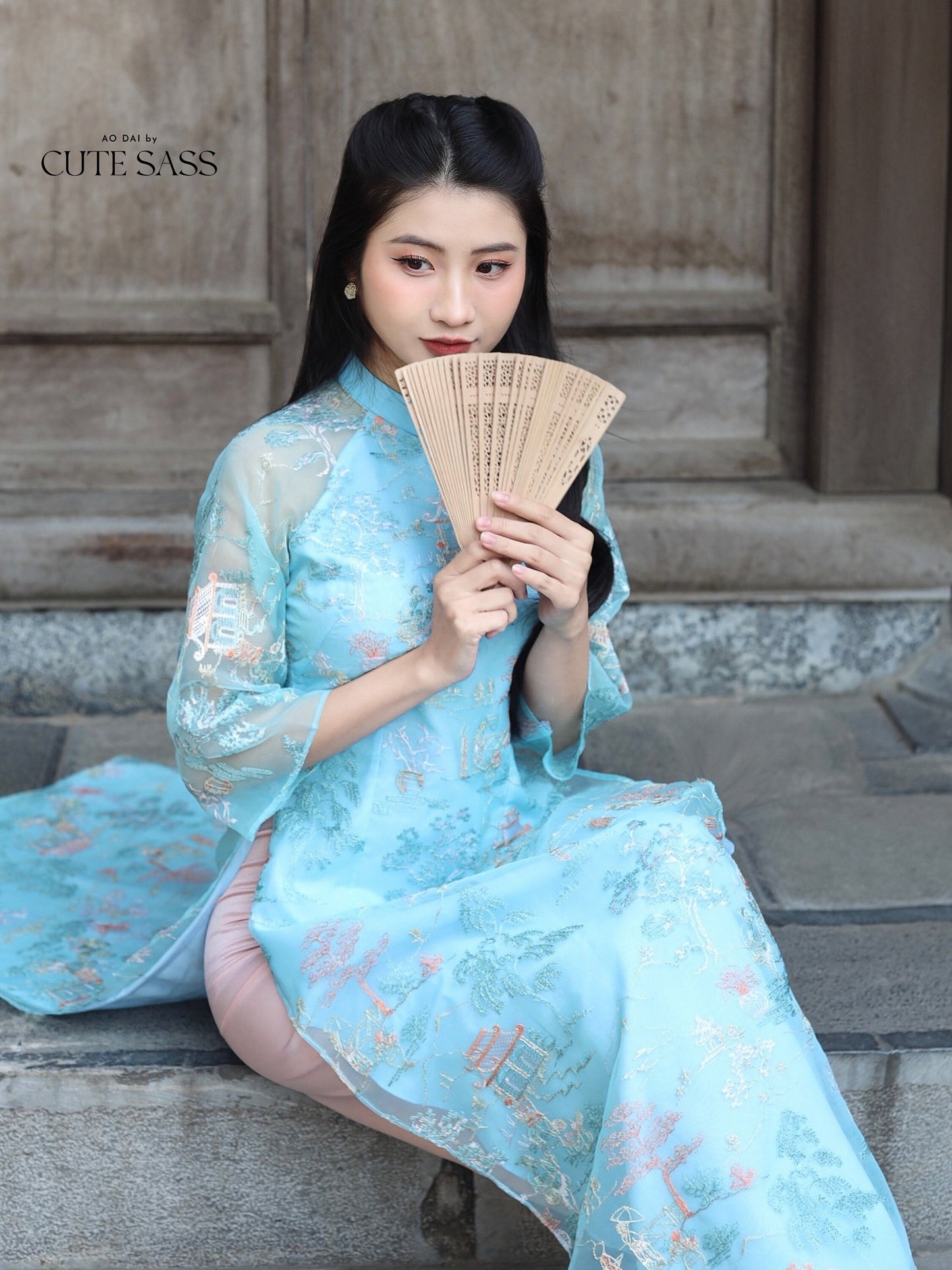 Tu Minh - Blue Ao Dai Set | Pre-made Traditional Vietnamese Ao Dai| Women Ao Dai with Pants | Lunar New Year| Ao Dai Truyen Thong|