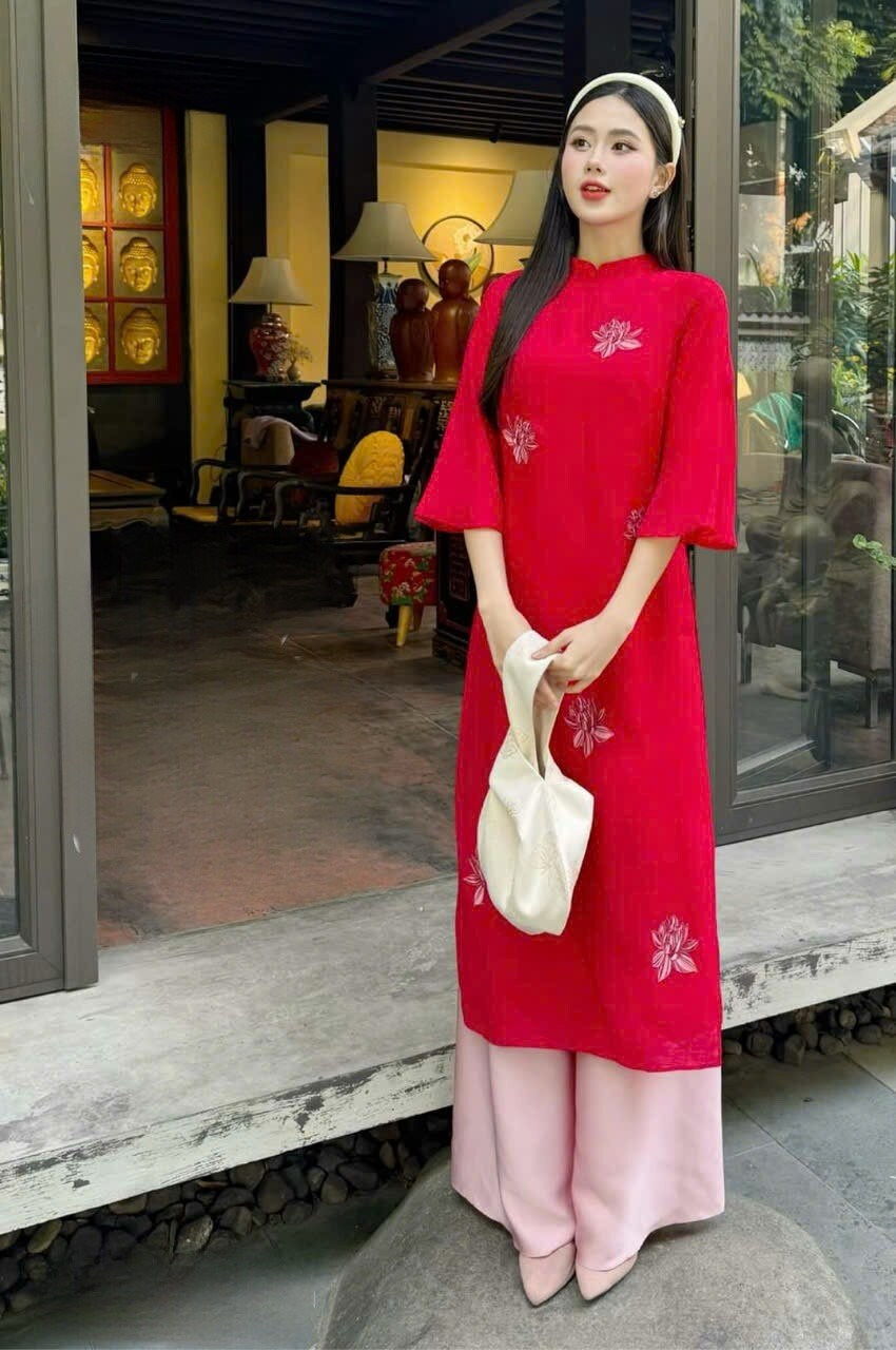 Shifted Red Chiffon Embroidery Ao Dai Set (3 Patterns)| Pre-made Modernized Vietnamese Ao Dai | Pastel Ao Dai|Lunar New Year|