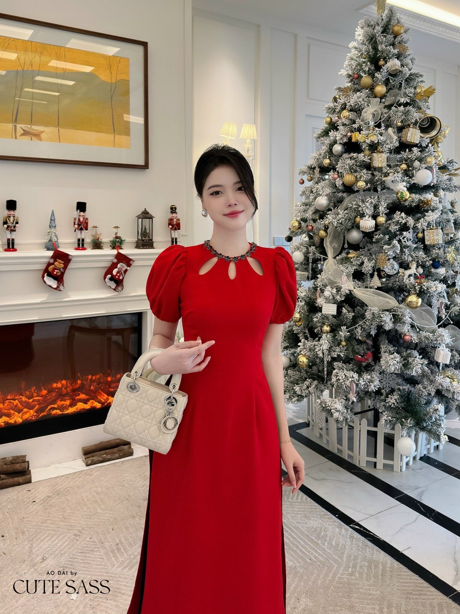 Anh Minh - Red Cut Out Sparkle Ao Dai Set| Pre-made Modernized Vietnamese Ao Dai|Ao Dai with Skirt | Lunar New Year|Ao Dai Cach Tan|
