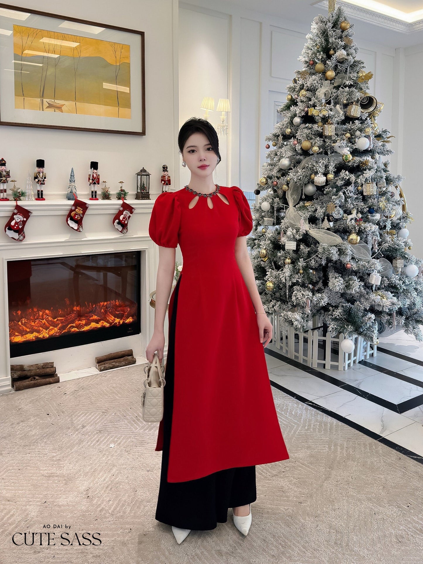 Anh Minh - Red Cut Out Sparkle Ao Dai Set| Pre-made Modernized Vietnamese Ao Dai|Ao Dai with Skirt | Lunar New Year|Ao Dai Cach Tan|
