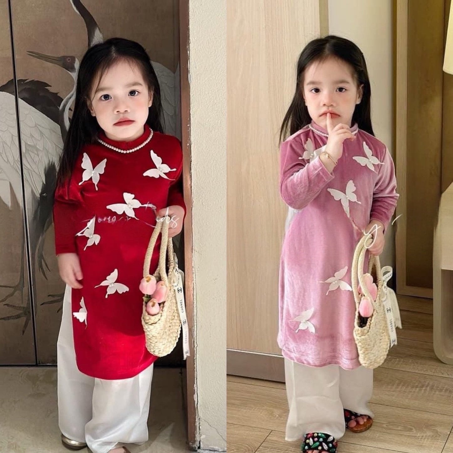 Girl Velvet Butterflies Ao Dai Set (Red, Pink) | Pre-made Traditional Vietnamese Ao Dai| Lunar New Year | Ao Dai for Girl | Ao Dai Tet |