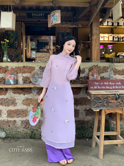 Shifted Purple Bow Ao Dai Set |Pre-made Modernized Vietnamese Ao Dai| Women Ao Dai with Pants | Lunar New Year| Ao Dai Cach Tan|