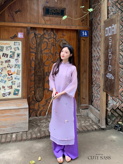 Shifted Purple Bow Ao Dai Set |Pre-made Modernized Vietnamese Ao Dai| Women Ao Dai with Pants | Lunar New Year| Ao Dai Cach Tan|