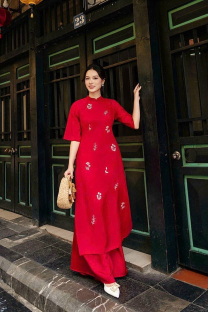 Shifted Red Chiffon Embroidery Ao Dai Set (3 Patterns)| Pre-made Modernized Vietnamese Ao Dai | Pastel Ao Dai|Lunar New Year|